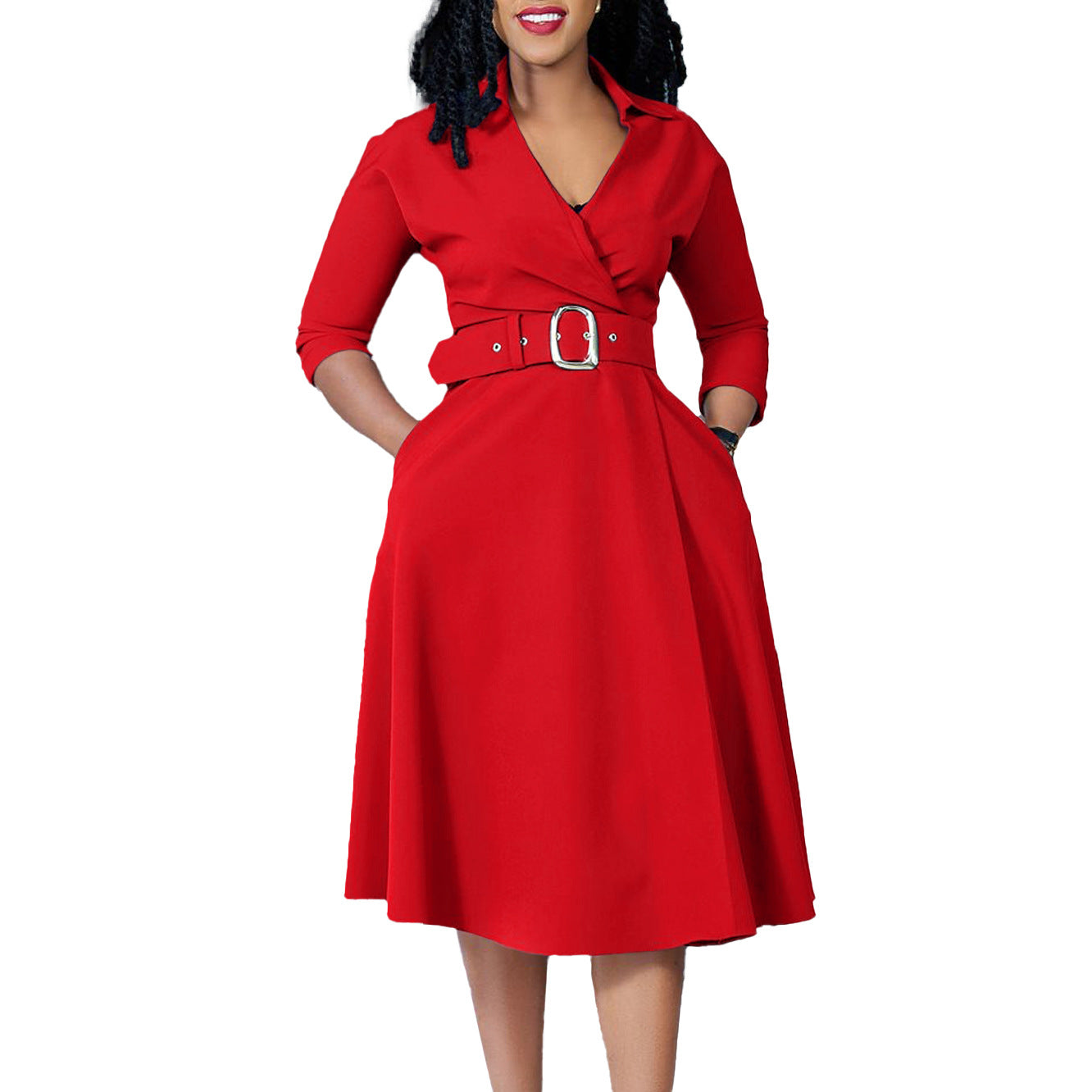 Women's Fashion Polo Collar Solid Color High Waist Dresses