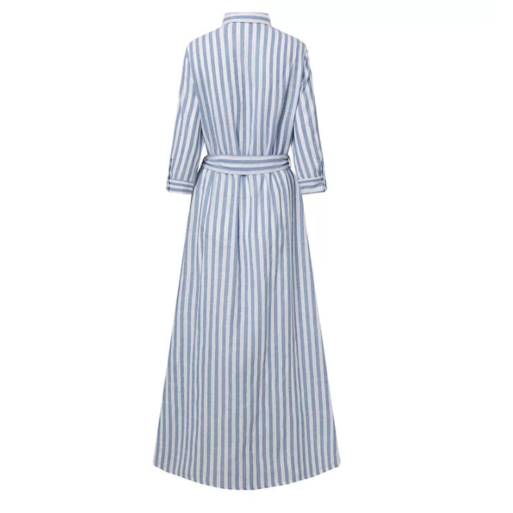 Women's Cotton Linen Stripes Sleeve Pocket Belt Dresses