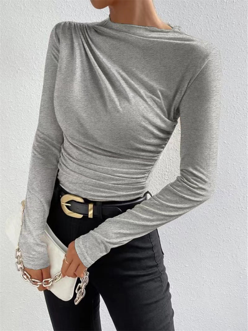 Women's Color Elegant Slim Fit Pleated Design Long-sleeved Blouses