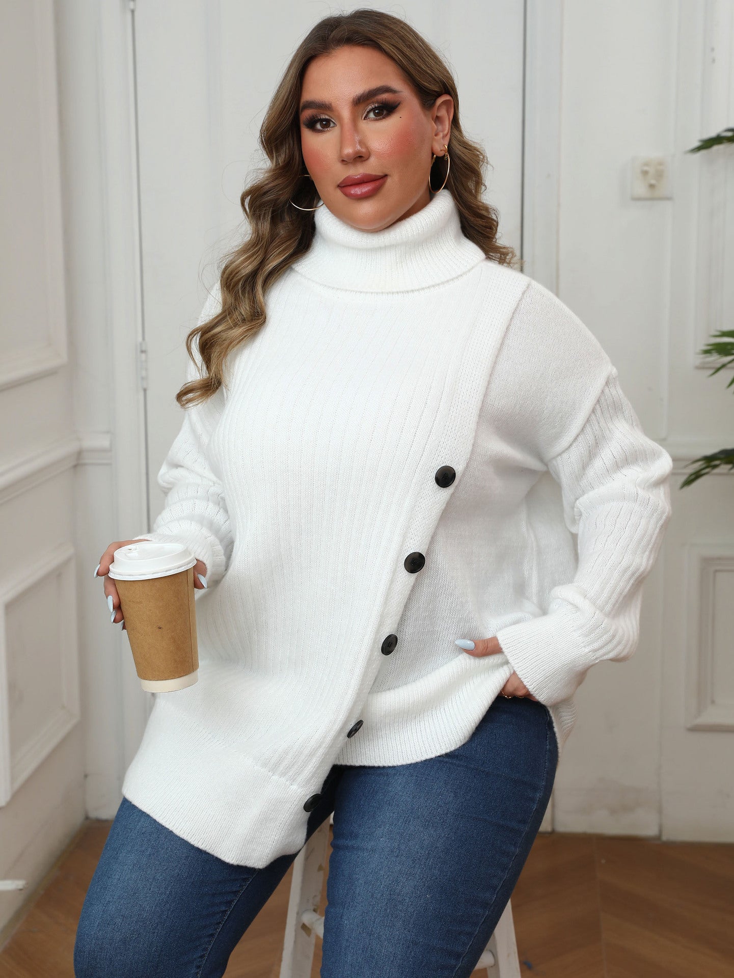 Women's Turtleneck Fastener Decoration Irregular Mid-length Sweaters