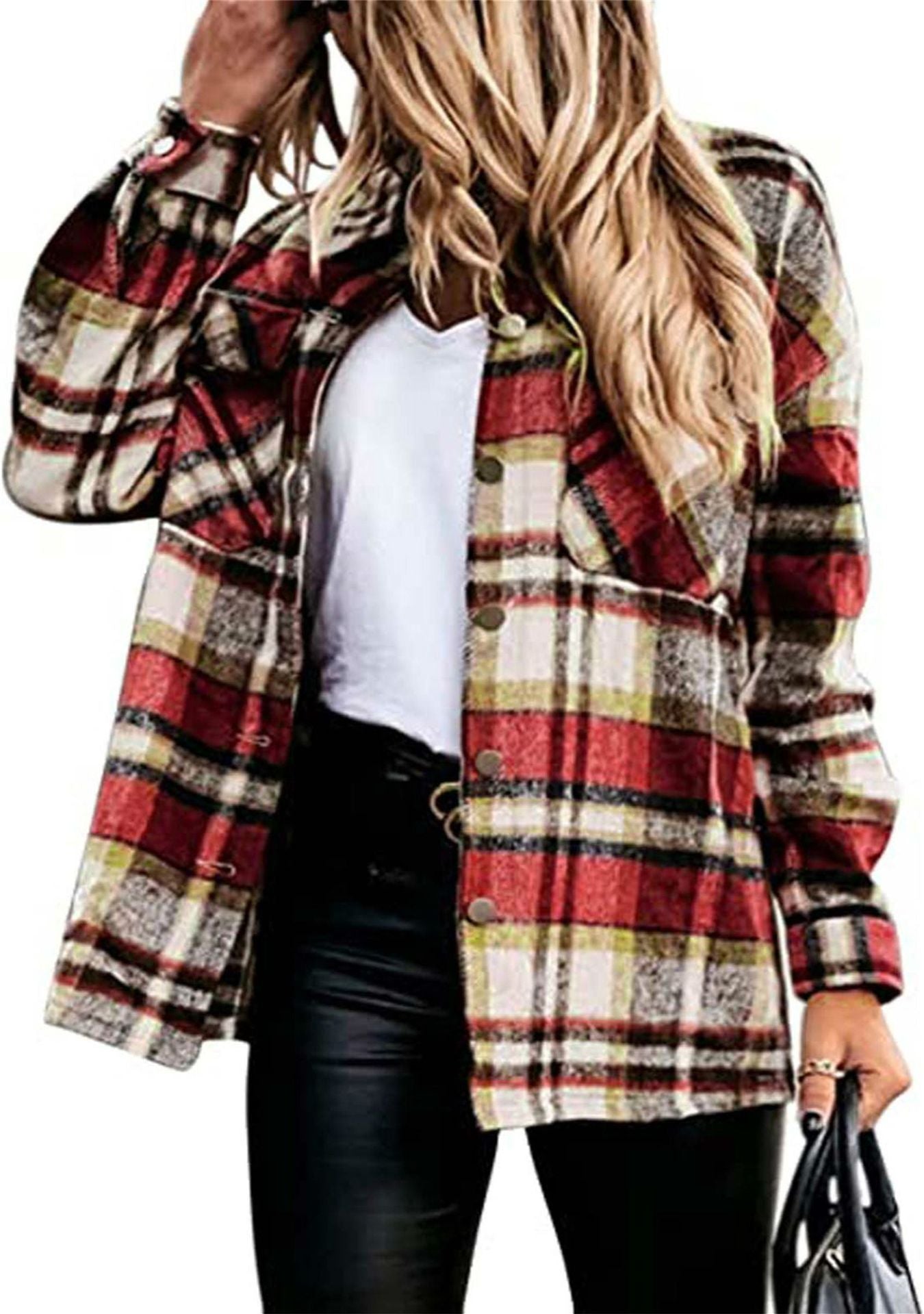 Women's Long Sleeve Large Pocket Loose Plaid Blouses