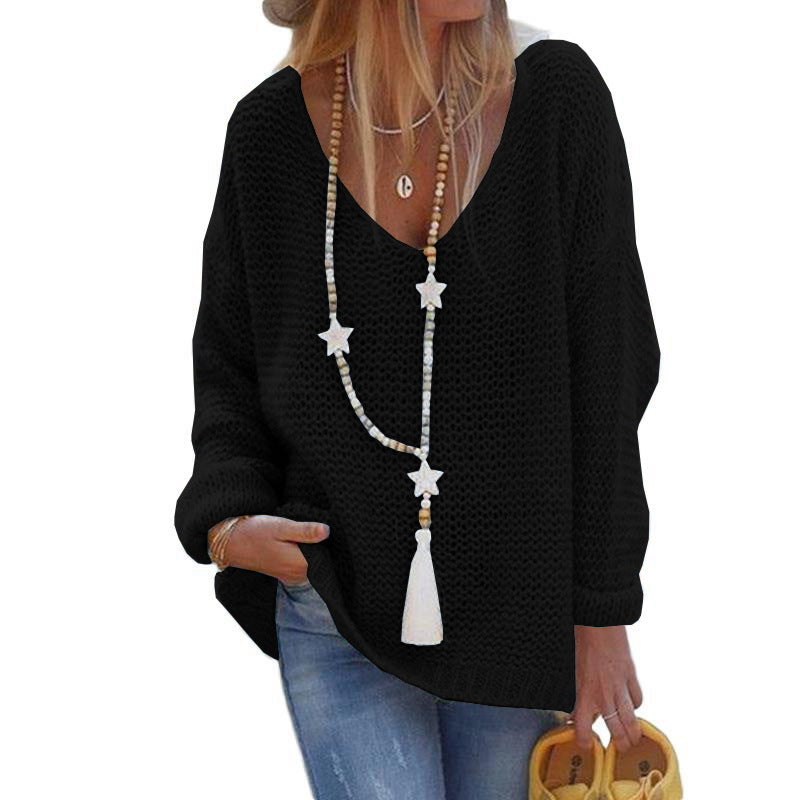 Casual Slouchy Women's V-neck Long-sleeved Knitted Sweaters