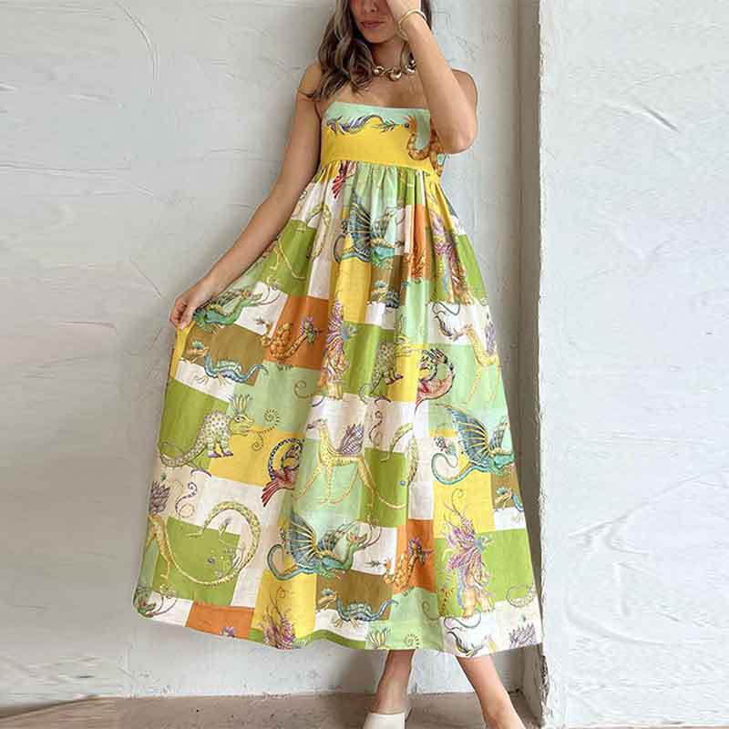 Women's Elegant High Waist Print Sling Casual Dresses