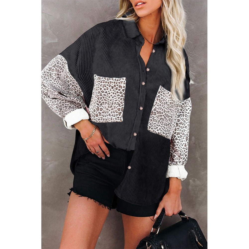 Women's Leopard Print Shirt Lapel Sunken Stripe Coats