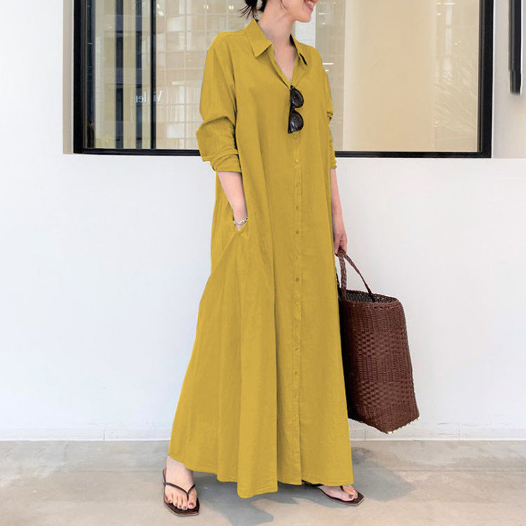 Women's Casual Loose Wear Solid Color Lapel Long Sleeve Dresses