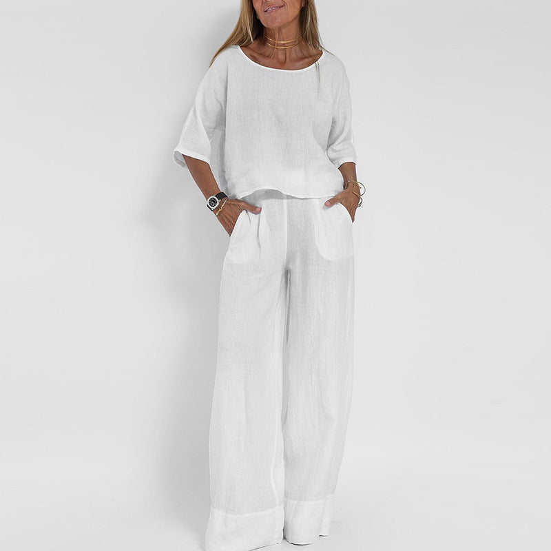 Women's Fashion Pocket Trousers Beach Sleeve Pullover Cotton Linen Suits