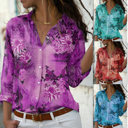 Women's Floral Print Shirt Ladies Long Sleeve Blouses