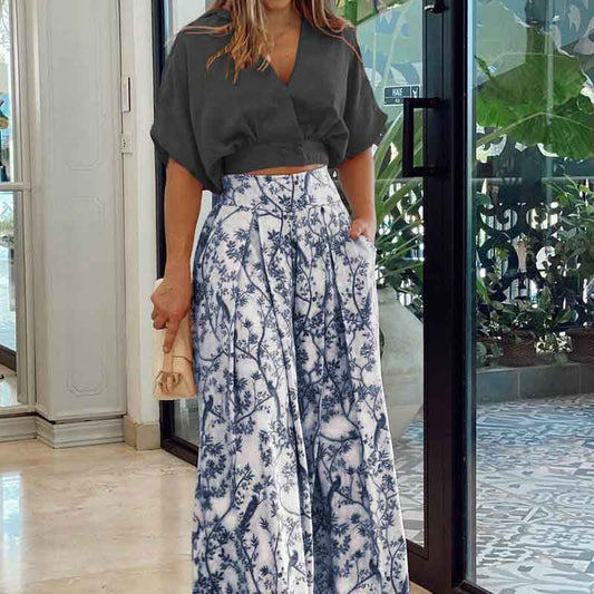 Batwing Sleeve Bell-bottom Fashion Printed Two-piece Suits