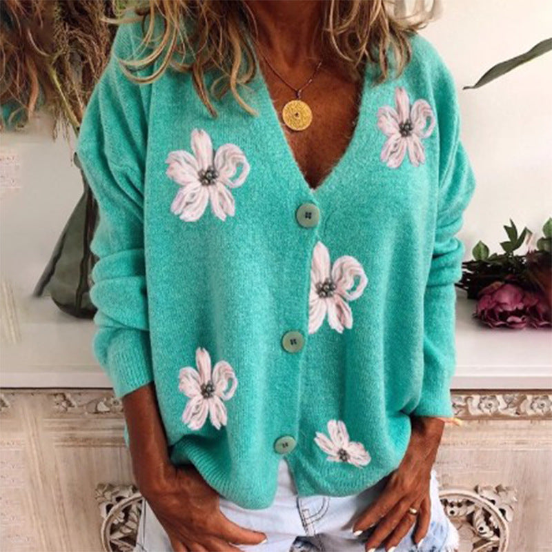 Versatile Women's Long-sleeved Embroidered V-neck Knitted Sweaters