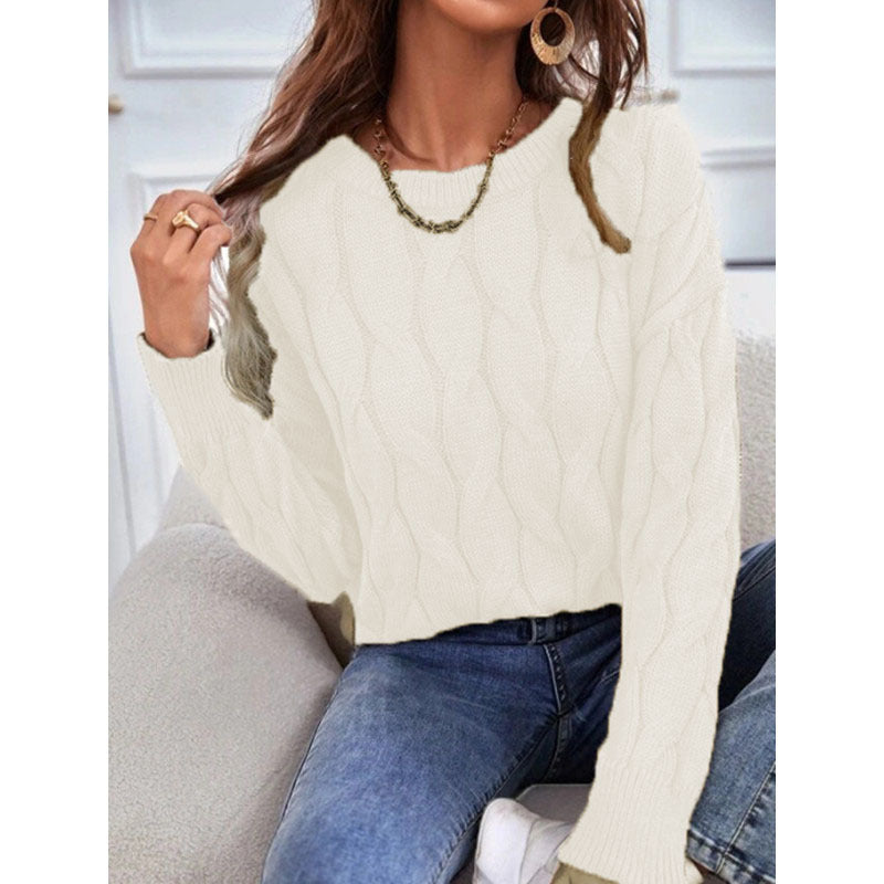 Women's Round Neck Solid Color Cable-knit Pullover Sweaters