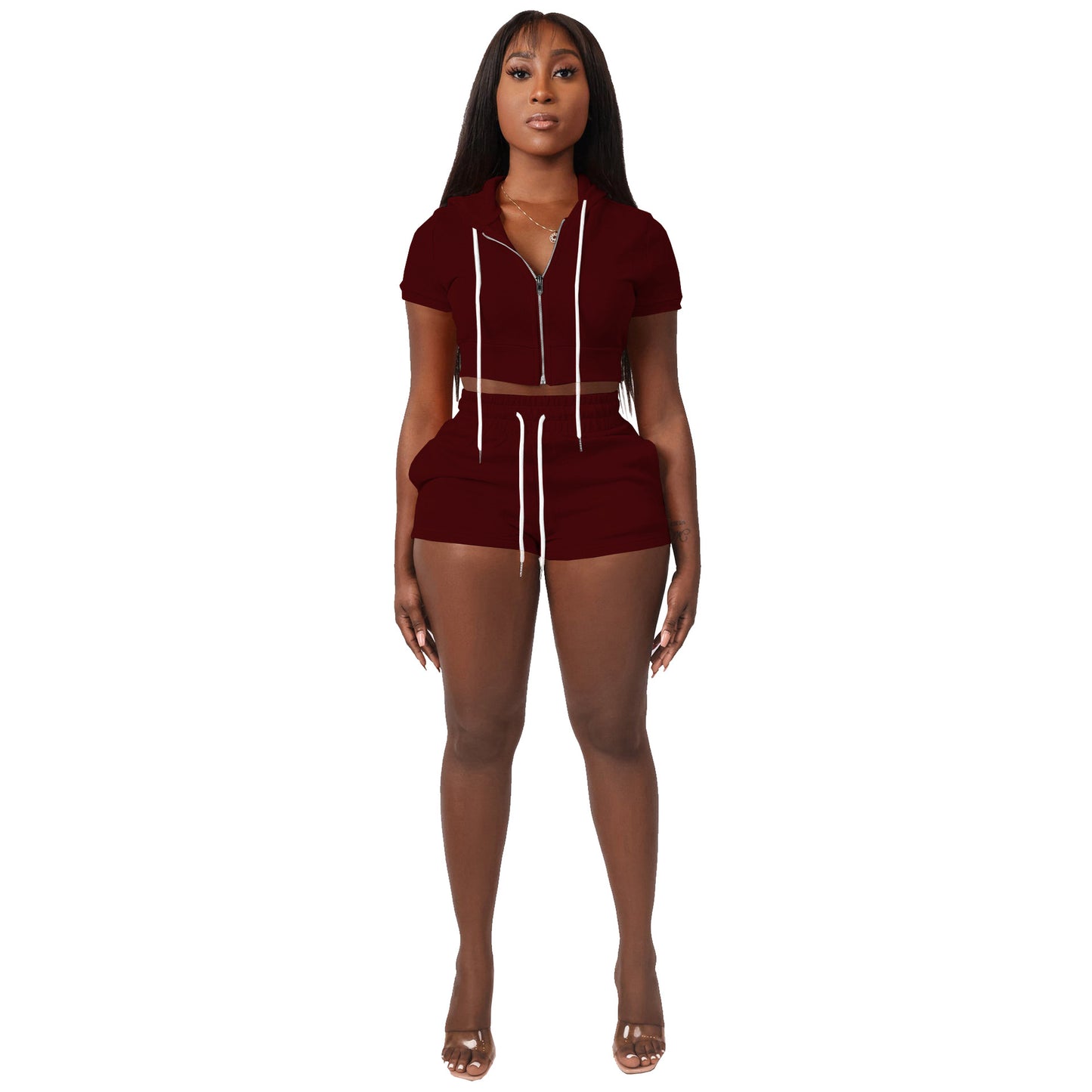 Women's Zipper Solid Color Hoodie Two-piece Set Suits