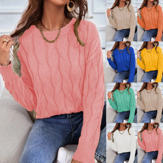 Women's Round Neck Solid Color Cable-knit Pullover Sweaters