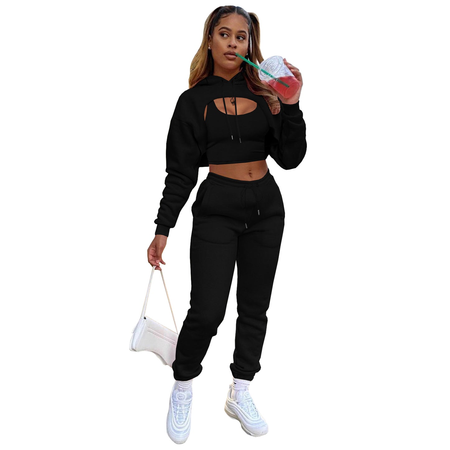 Women's Fashion Drawstring Hoodie Cotton Jogger Three-piece Suits