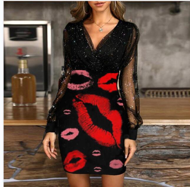 V-neck Sequined Slim Fit Sexy Print Dresses