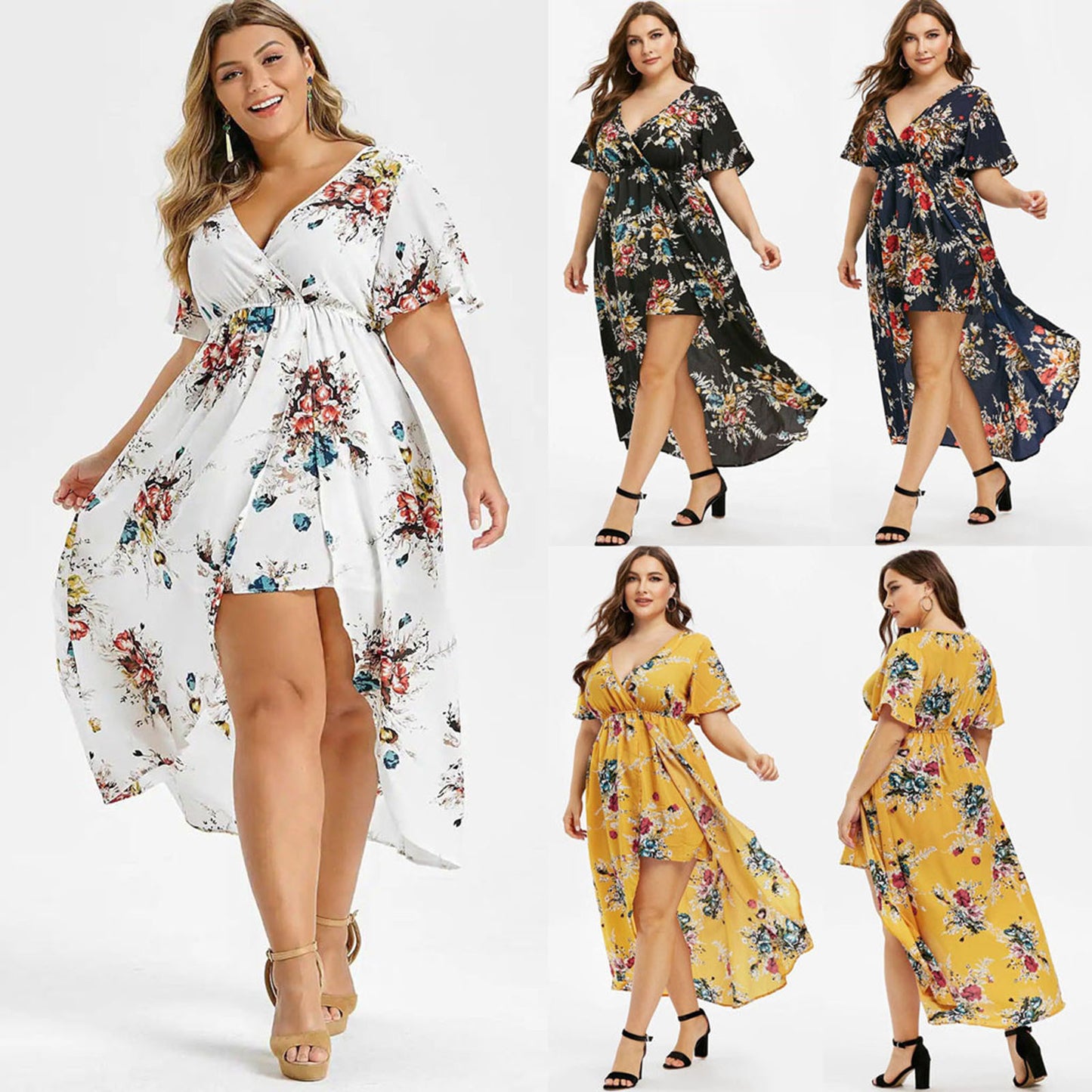 Summer Waist Trimming Printing Slit Hemline Dresses