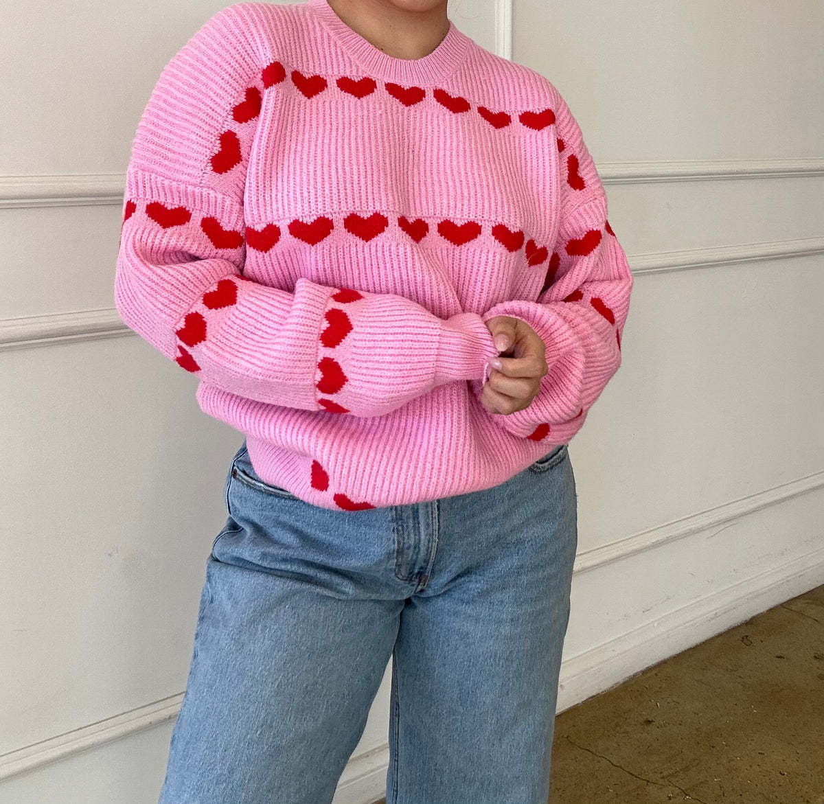 Cute Heart-shaped Two-tone Jacquard Contrast Color Sweaters