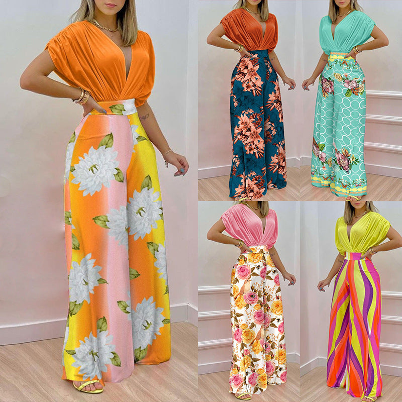 Women's Summer Elegant V-neck Printed Wide-leg Casual High Suits