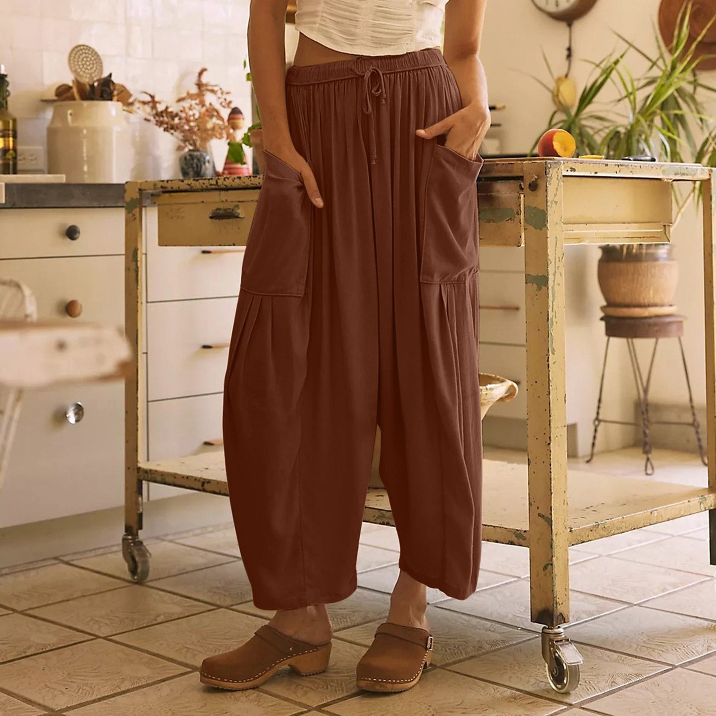 Pantalon décontracté ample à jambes larges et hautes plissées pour femmes