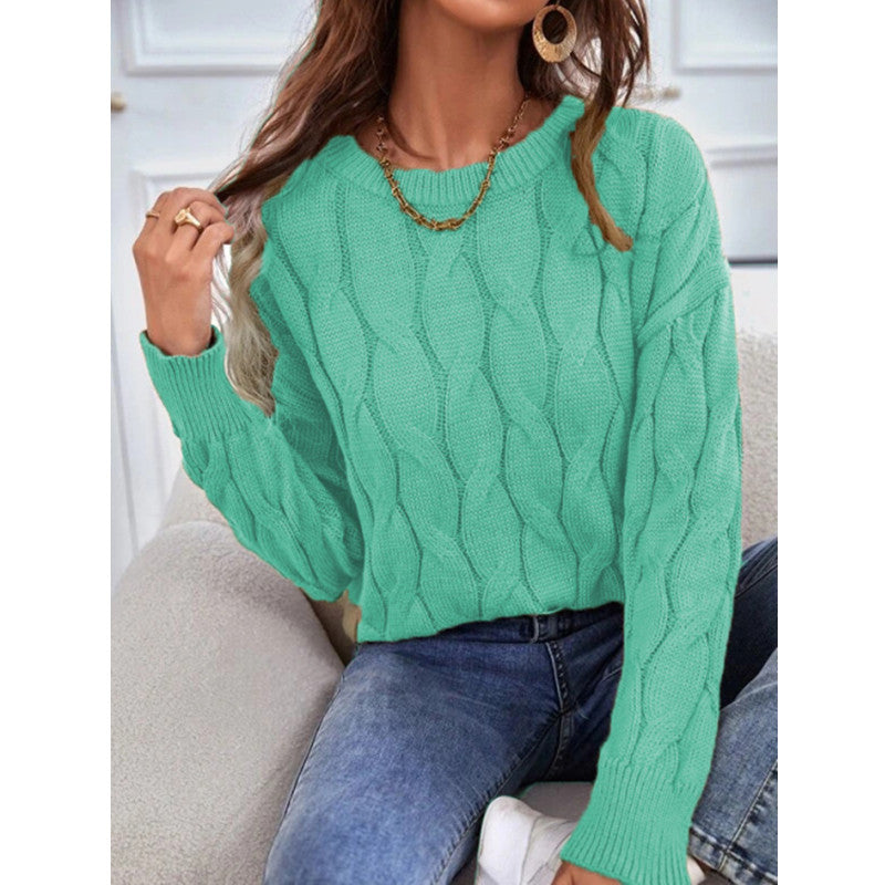 Women's Round Neck Solid Color Cable-knit Pullover Sweaters