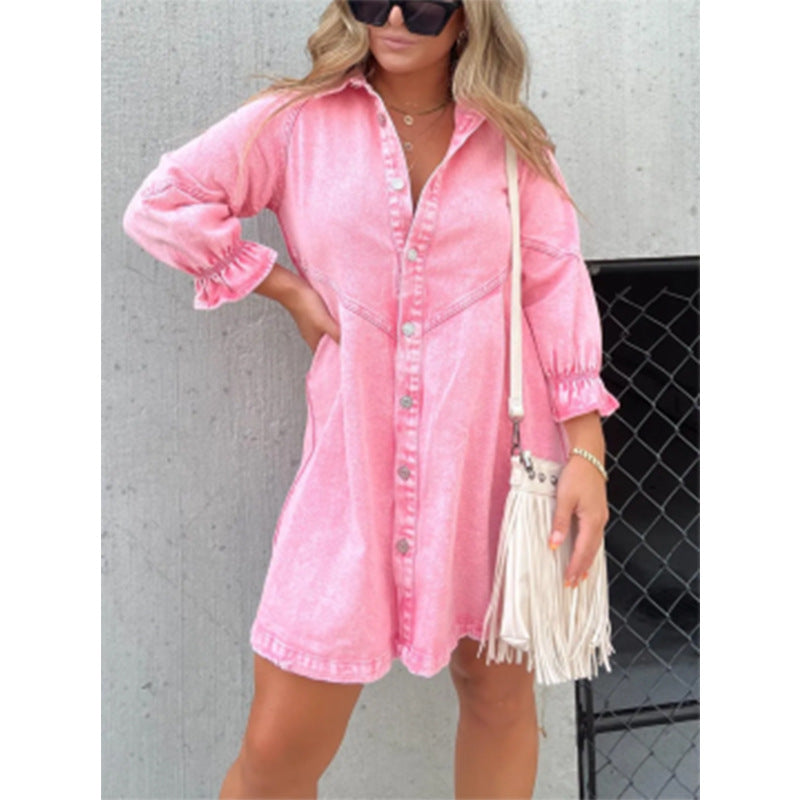 Washed Shirt Denim Lantern Sleeve Loose Dresses