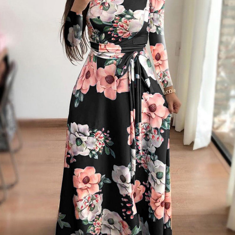 Women's Casual Printed Lace Up Maxi Dress Dresses