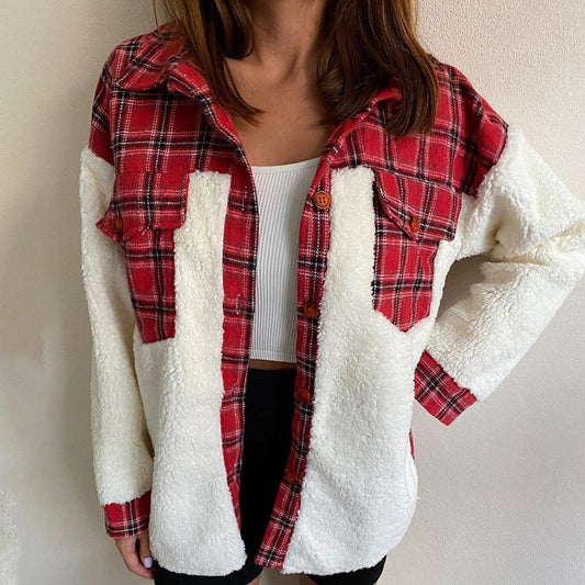 Women's Versatile Plush Shirt Single-breasted Plaid Sweaters