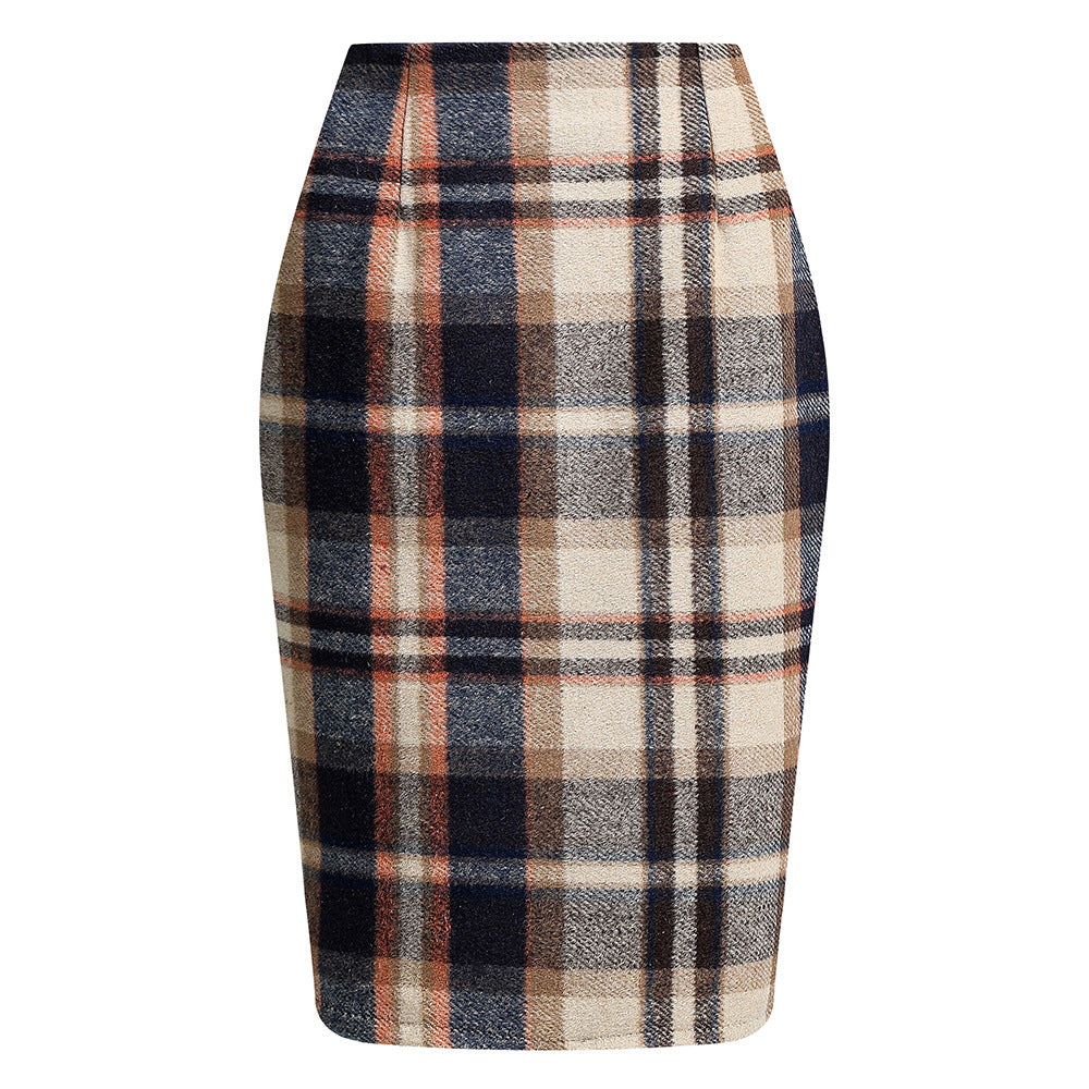 Women's Tartan High Waist Tight Knee-length Wool Skirts