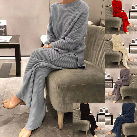 Women's Long Sleeve Solid Color Knit Casual Two-piece Suits