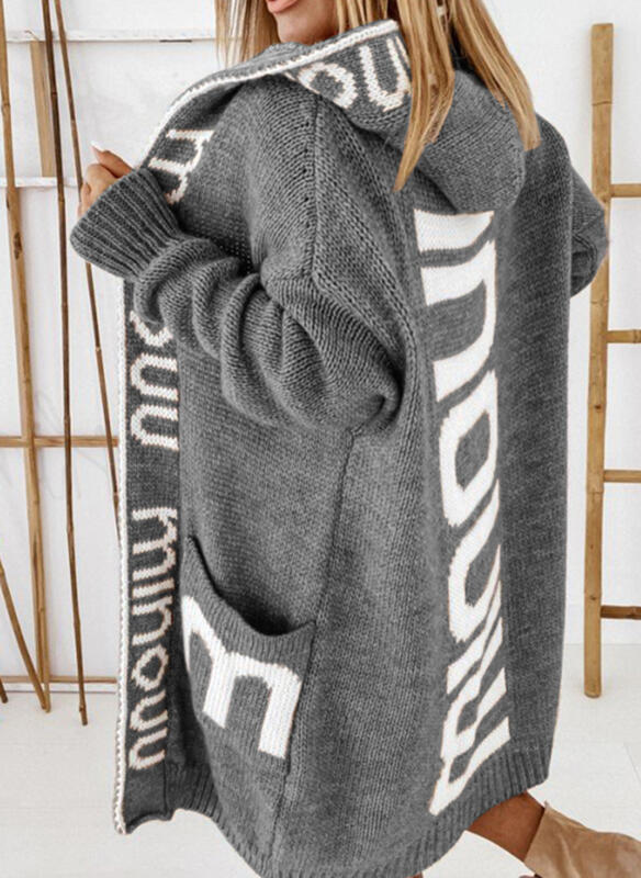 Versatile Women's Mid-length Hooded Letter Knitted Sweaters