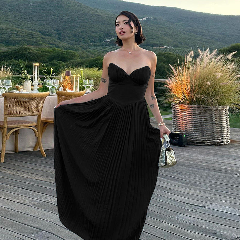 Women's Elegant Pleated Dress Tube Long Slim Dresses