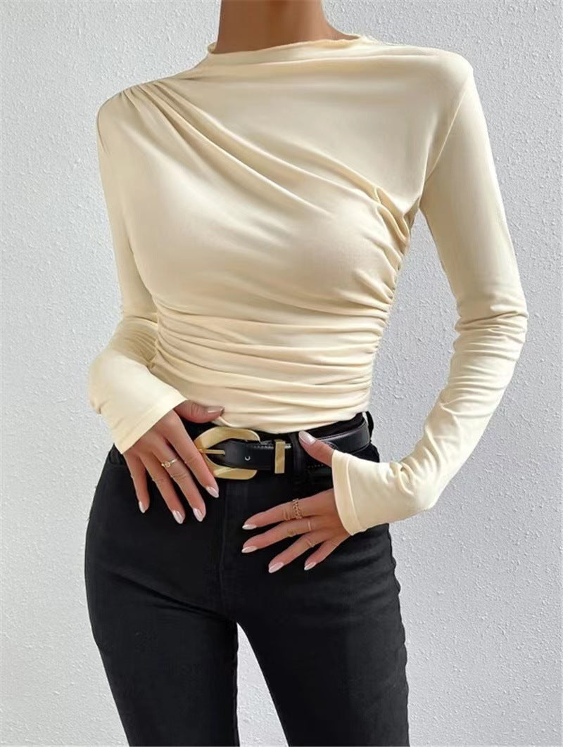 Women's Color Elegant Slim Fit Pleated Design Long-sleeved Blouses