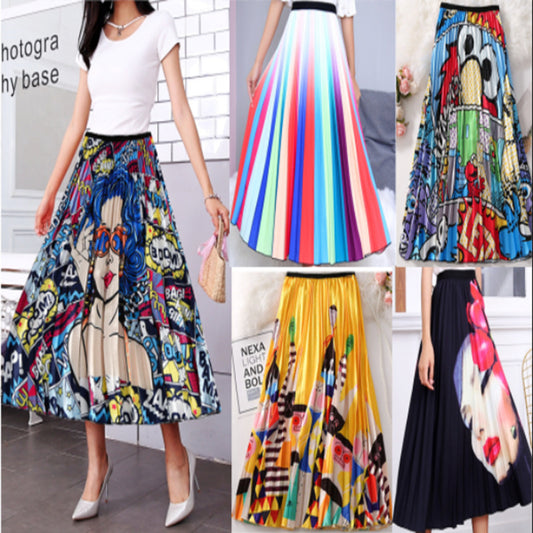 Women's Elastic Waist Pleated Printed Mid-length Big Skirts