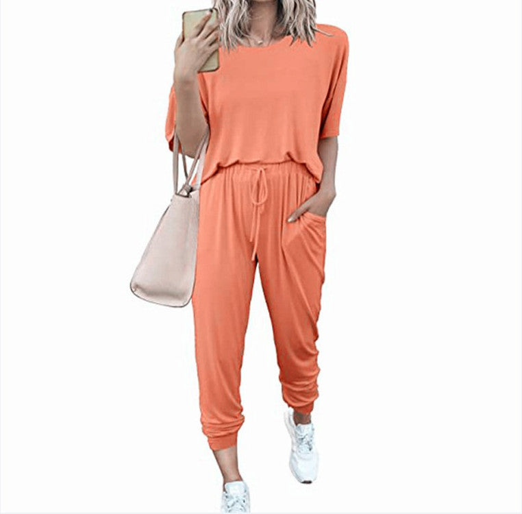 Women's Home Loose Solid Color Short-sleeved Casual Suits