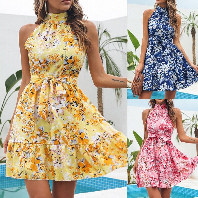 Women's Elegant Tied Ruffled Floral Dress Dresses