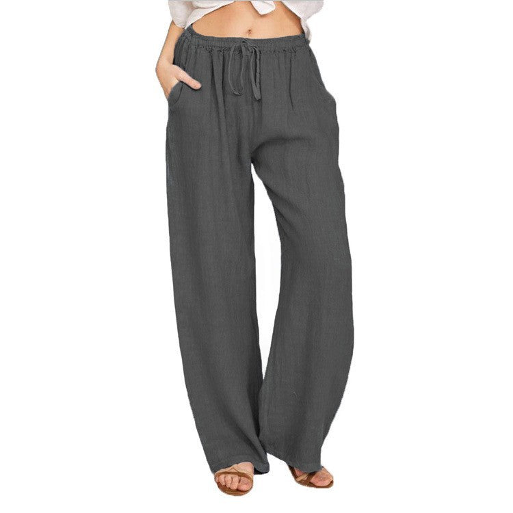 Pantalon décontracté ample en coton et lin pour femme