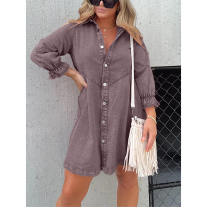 Washed Shirt Denim Lantern Sleeve Loose Dresses