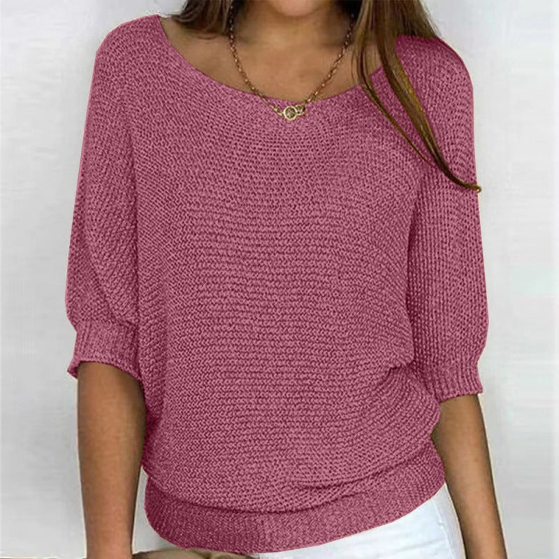 Women's Spring Solid Color Round Neck Commuter Elegant Cropped Sleeves Sweaters