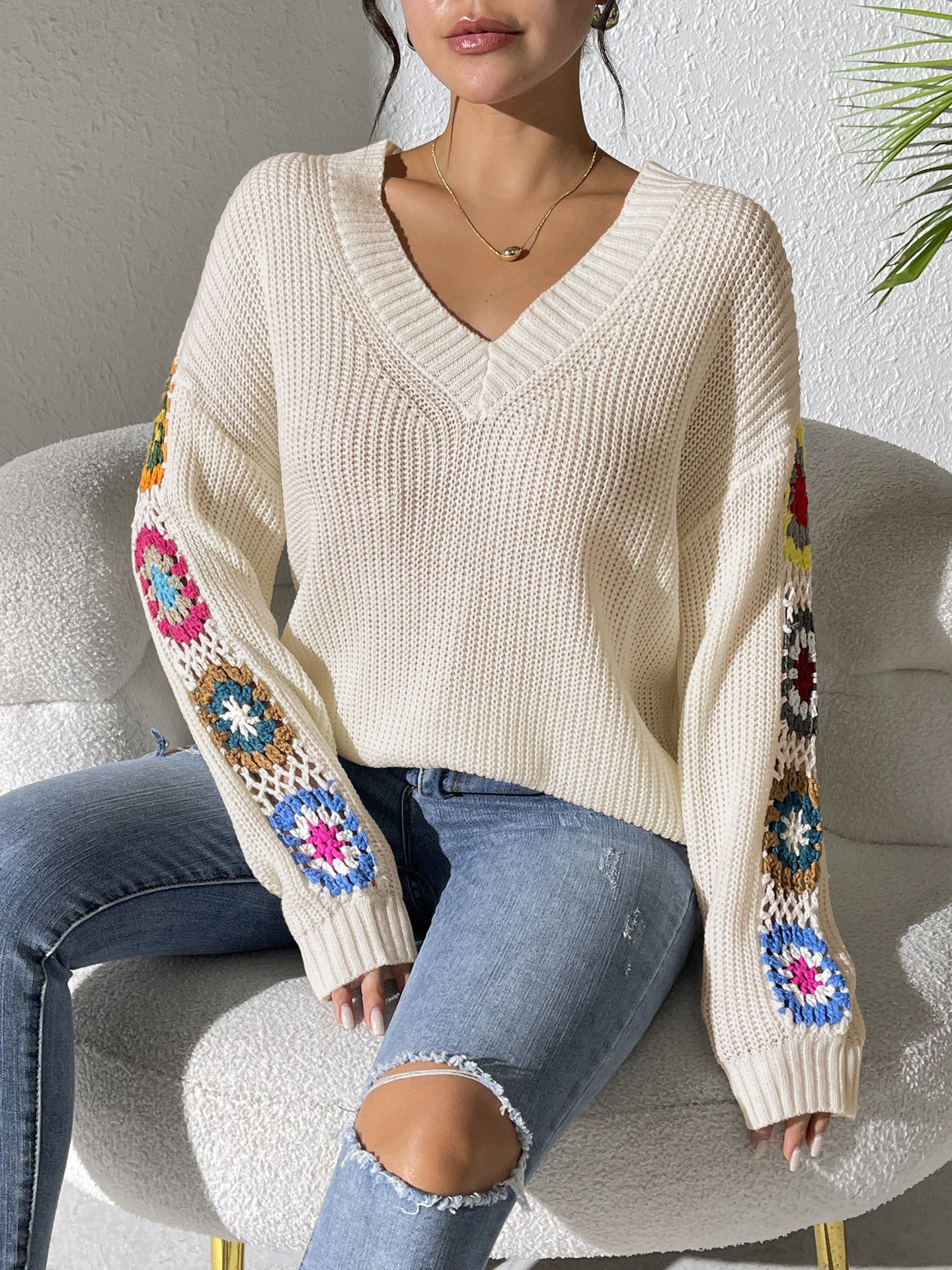 Women's Mixed Color Hand Hook Flower Stitching Sweaters