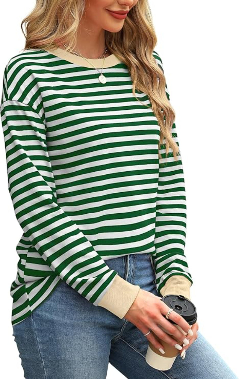 Women's Fashion Color Contrast Loose Round Neck Tops