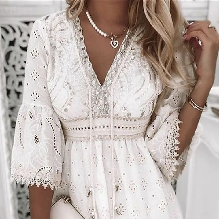 Women's White V-collar Hollow Tassel Stitching Dress Dresses