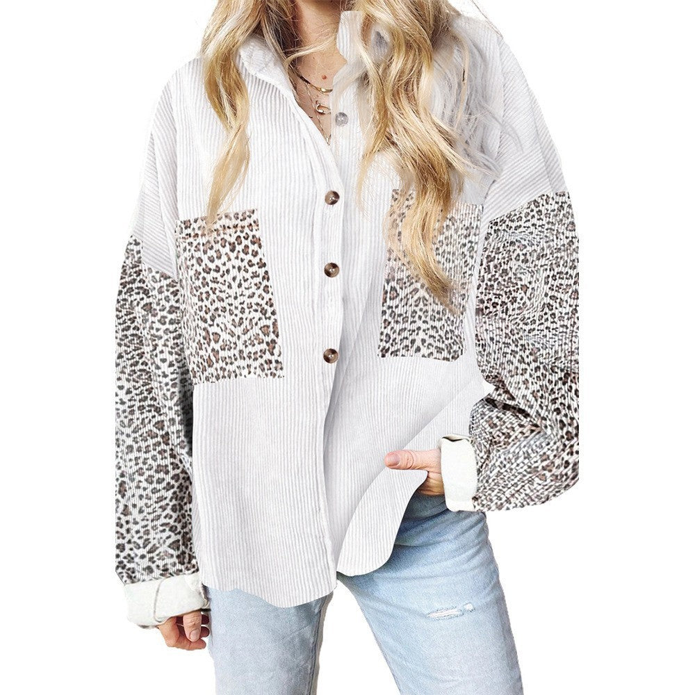 Women's Leopard Print Shirt Lapel Sunken Stripe Coats