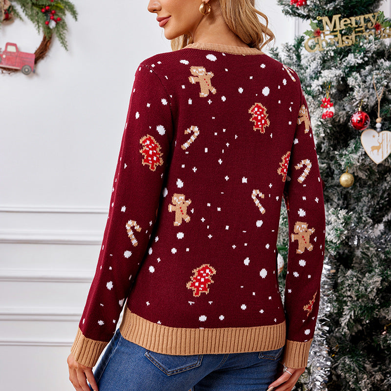 Women's Christmas Gingerbread Man Pattern Long Sleeve Sweaters