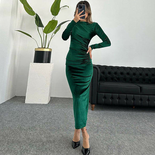 Women's Color Slim Pleated Round Neck Long Dresses