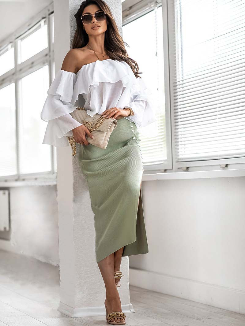 Women's Summer Sunken Stripe Temperament Button Skirts