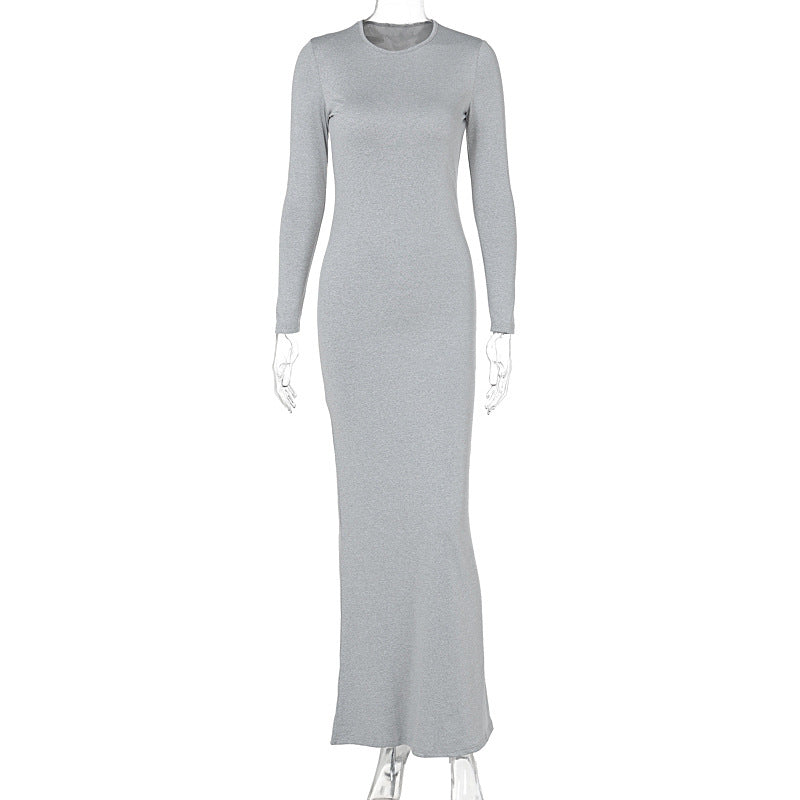 Women's Solid Color Round Neck Mid Waist Long Dresses