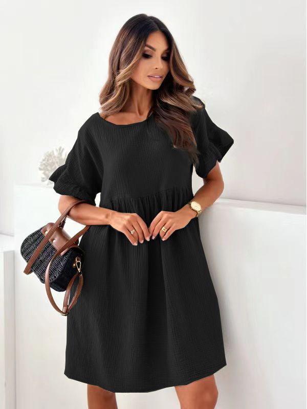 Women's Summer Round Neck Sleeve Loose Pleated Solid Dresses