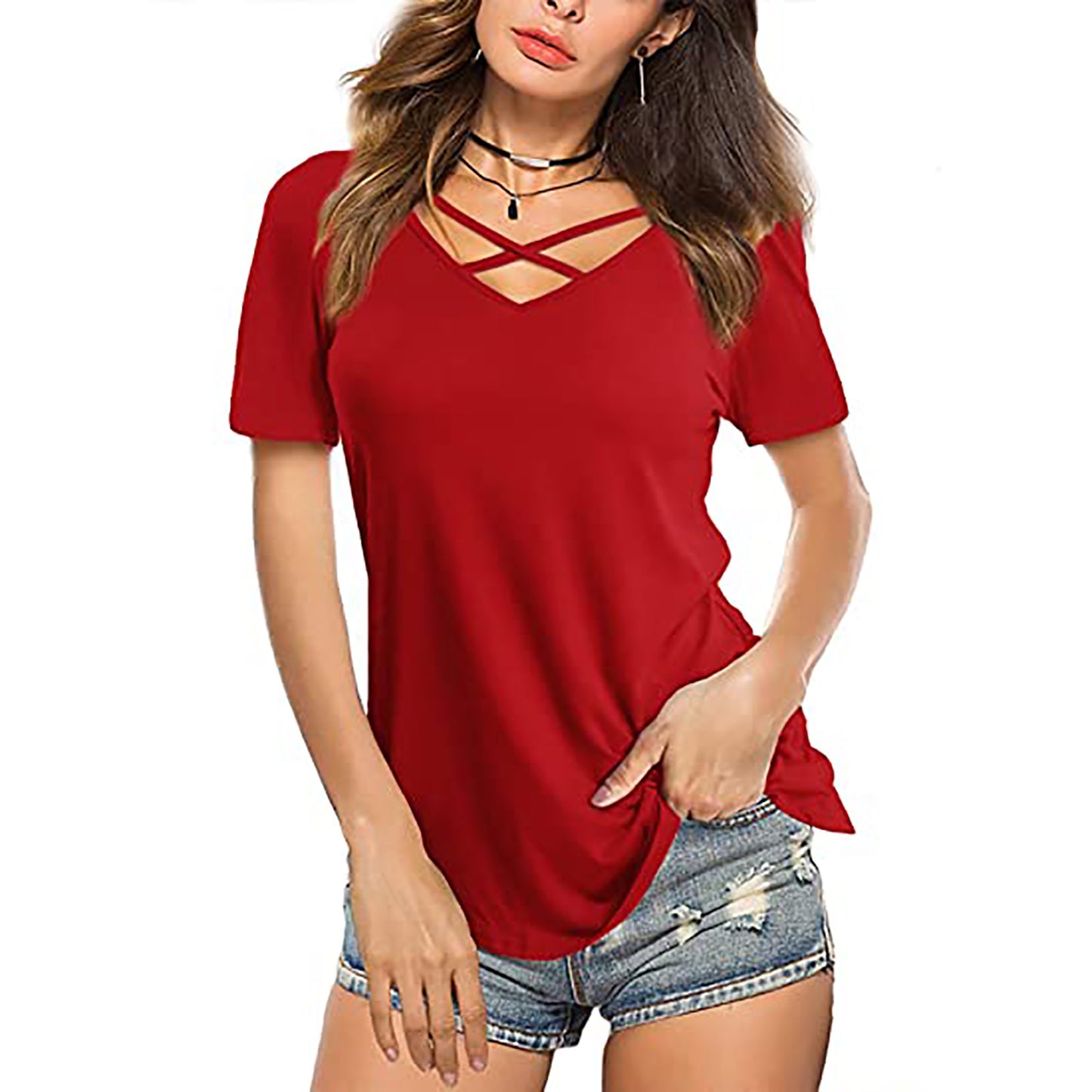 Women's Front Chest Cross Sleeve Loose T-shirt Shorts