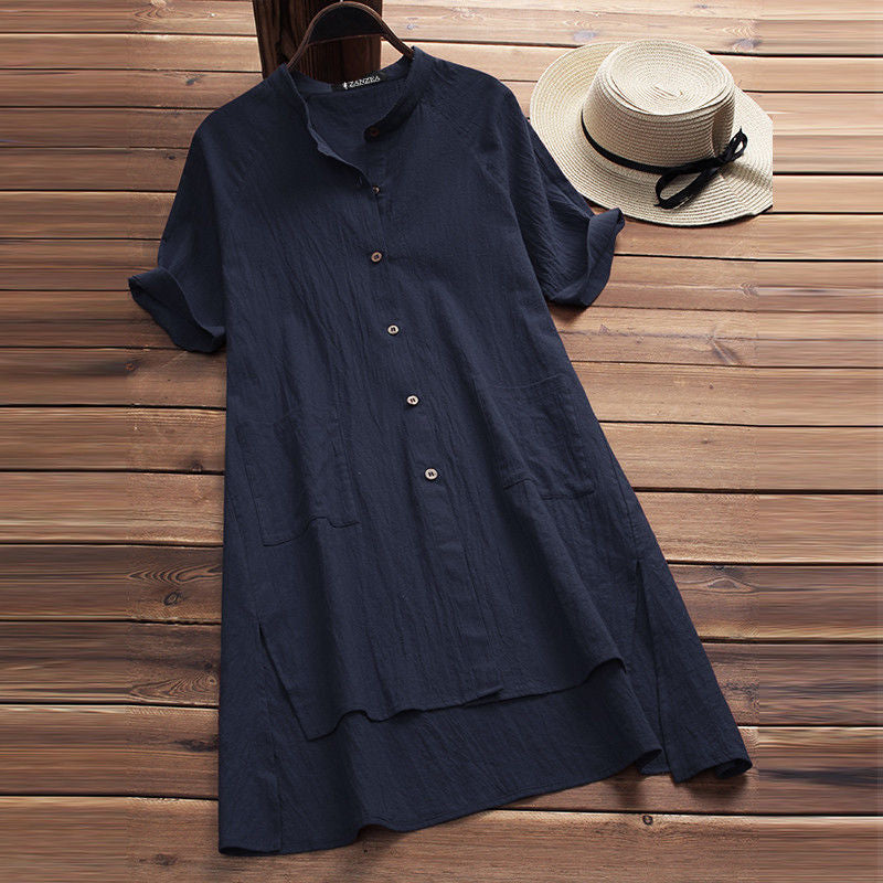 Women's Casual Raglan Sleeve Button Pocket Cotton Dresses