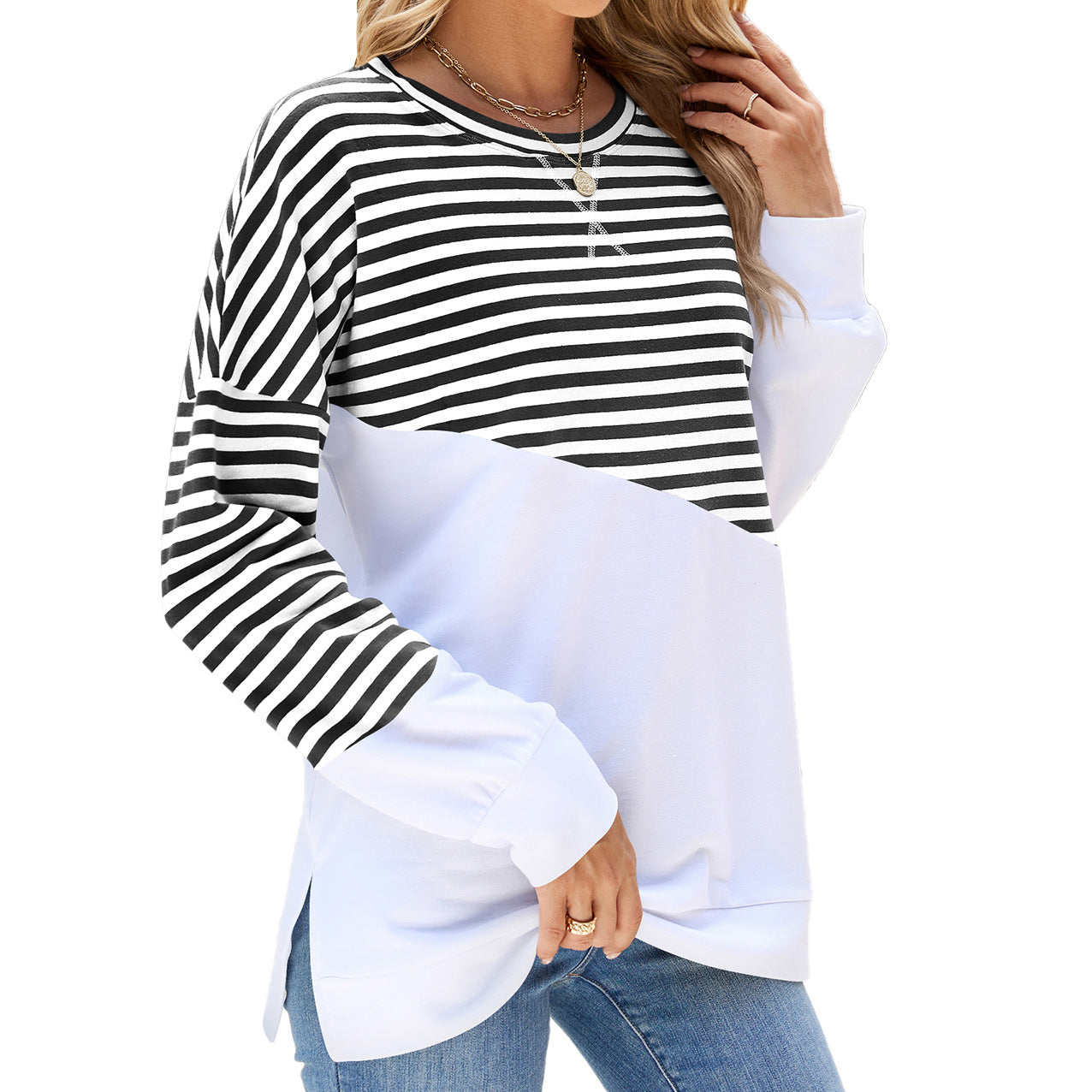 Women's Solid Color Round Neck Contrast Striped Sweaters