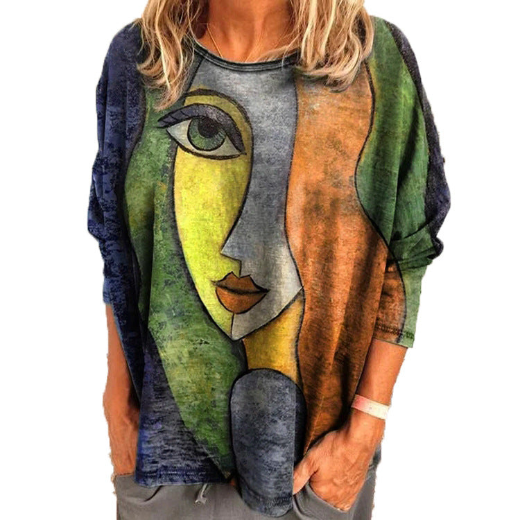 Women's Large Print Long Sleeve Loose T-shirt Blouses